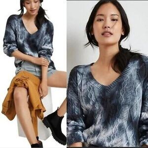 Anthropologie PILCRO Joni Tie Dye Grey and White V-Neck Cable Knit Sweater Small